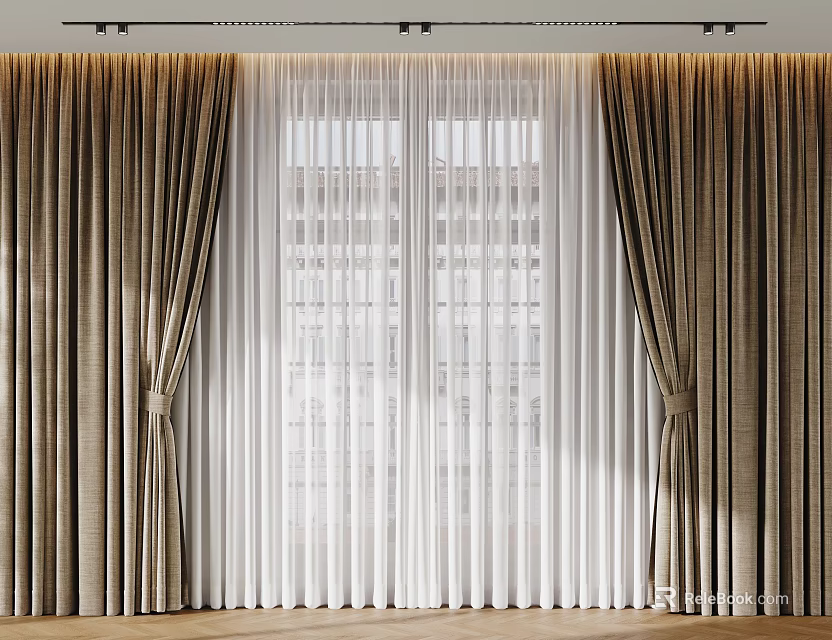 Brown Thick Curtains With White Sheer Layers In Bright Interior By Window 3d model 