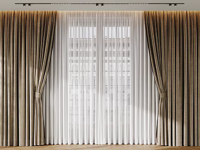 Brown Thick Curtains With White Sheer Layers In Bright Interior By Window 3d model