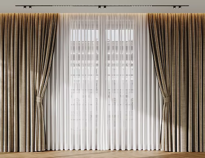 Brown Thick Curtains With White Sheer Layers In Bright Interior By Window 3d model