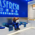 MSFRESH Café Modern Interior With Blue Walls Neon Sign And Bear Decoration
