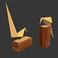 Decorative Ornament Set with Golden Origami Birds on Square and Cylindrical Wooden Bases