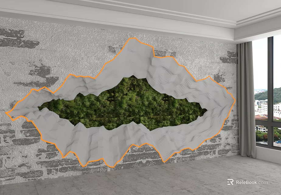 Gray Brick Wall Background with Irregular Hole and Green Plants in Interior Room 3d model 