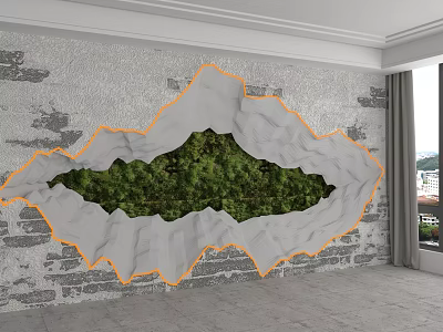 Gray Brick Wall Background with Irregular Hole and Green Plants in Interior Room 3d model