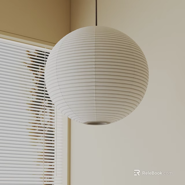 White Spherical Striped Pendant Light Hanging by Window Blinds with Light Colored Wall 3d model 