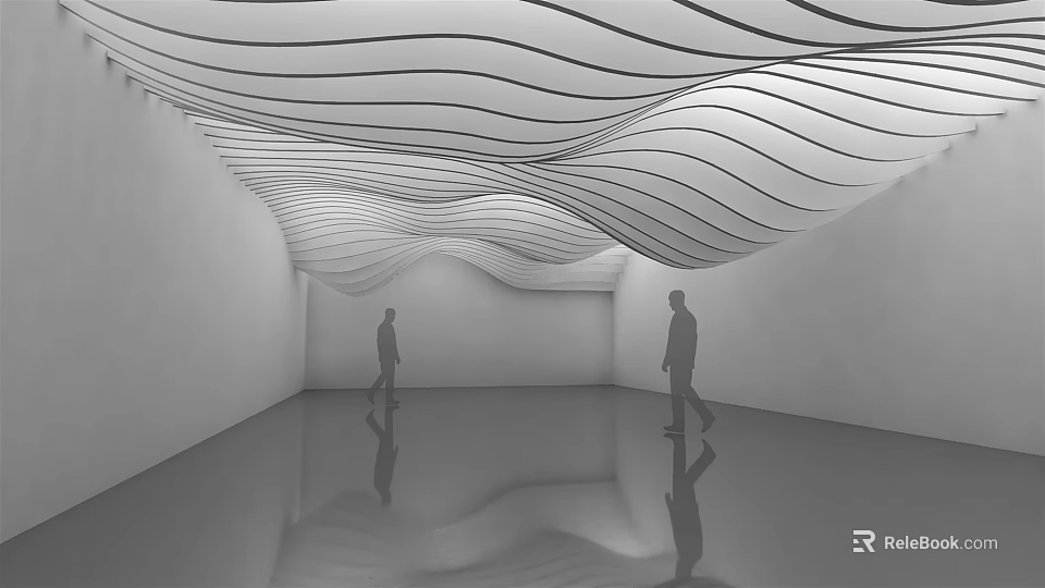 Modern Interior Space With Wavy Ceiling Reflective Floor And Two People Walking 3d model 