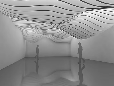 Modern Interior Space With Wavy Ceiling Reflective Floor And Two People Walking 3d model