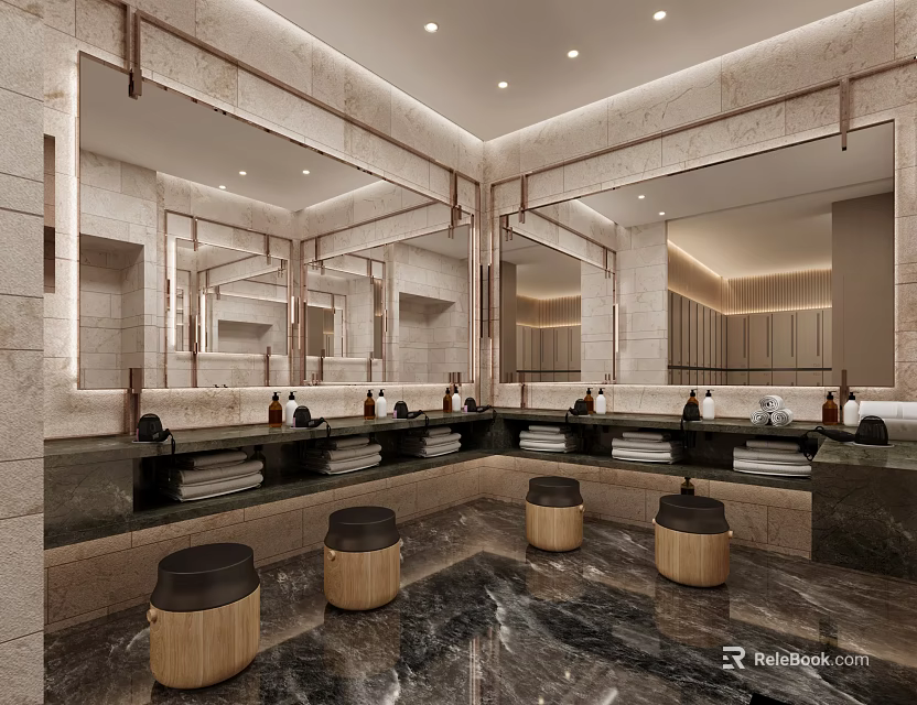 Modern Luxury Restroom Vanity Space With Marble Walls Large Mirrors And Wooden Stools 3d model 