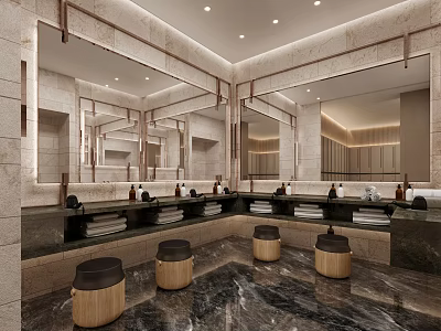 Modern Luxury Restroom Vanity Space With Marble Walls Large Mirrors And Wooden Stools 3d model