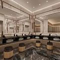 Modern Luxury Restroom Vanity Space With Marble Walls Large Mirrors And Wooden Stools