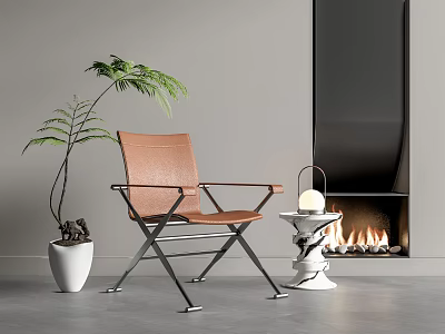 Brown Leather Leisure Chair with Metal Frame Green Plant and Fireplace in Indoor Space 3d model