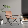 Brown Leather Leisure Chair with Metal Frame Green Plant and Fireplace in Indoor Space
