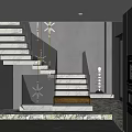 Modern Marble Staircase Interior With Gray Walls Glass Railing And Chandeliers