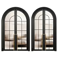 Arched Swing Door With Black Frame Glass Panels And Golden Handles