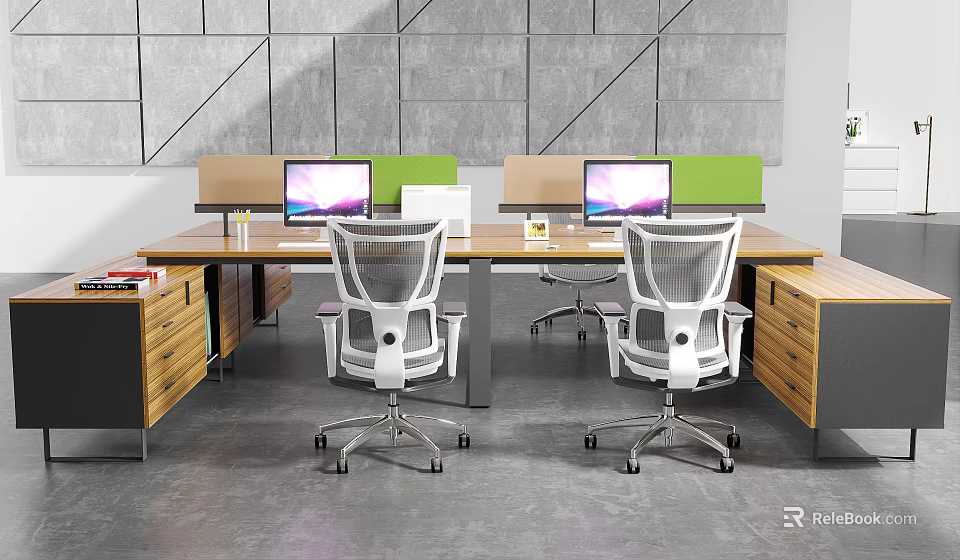 Modern Office Workstation Desk With Ergonomic Mesh Chairs Computer Monitors And Storage Cabinets 3d model