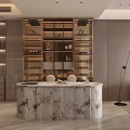 Elegant Modern Dining Room Interior With Round Table Marble Countertop And Cabinets