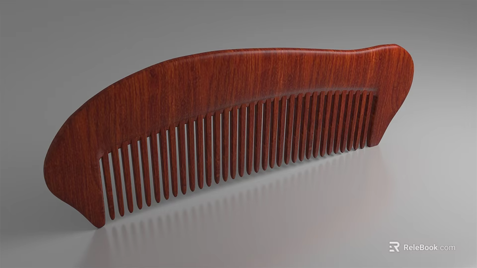 Natural Wooden Comb With Smooth Surface Curved Handle And Fine Teeth 3d model 