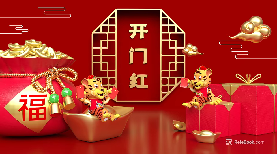 Chinese New Year Red Gold Decor With Lucky Tiger Figurines And Gold Ingots 3d model 