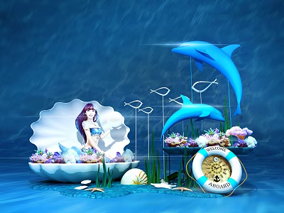 Mermaid In Seashell With Blue Dolphins And Marine Decorative Elements 3d model