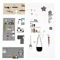Stylish Wall Decor with Shelves Hooks Plants and Decorative Items 3d model