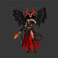 Fantasy Demoness With Red Horns Black Wings Red Skirt Tail And Flaming Torch
