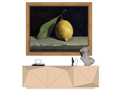 Still Life Artwork Featuring Lemon Leaf on Geometric Cabinet With Decorative Items 3d model