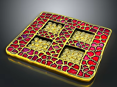 Square Red and Gold Fashion Brooch with Intricate Spiral Patterns and Enamel Inlay Design 3d model