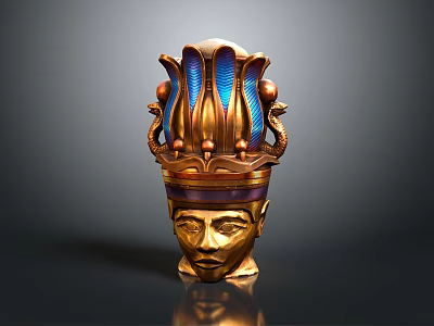 Intricate Golden Head Sculpture With Crown Like Structure And Blue Snake Ornaments 3d model