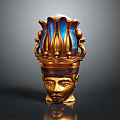 Intricate Golden Head Sculpture With Crown Like Structure And Blue Snake Ornaments