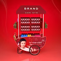 Functional Cart With BRAND Logo Displayed Products And Green Plant Decorations On Red Background