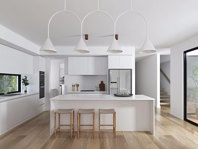 Modern Kitchen Interior Design With White Cabinets Hanging Lights Island Counter And Wooden Stools 3d model