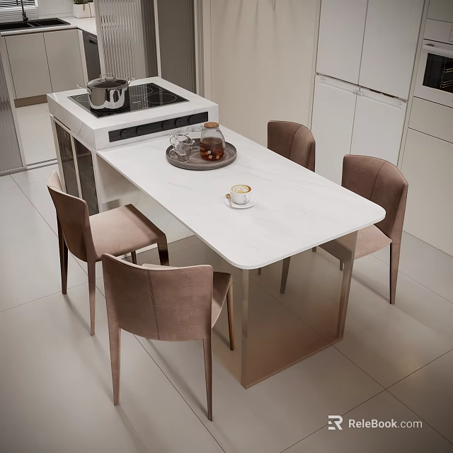 Modern Dining Table Set With Marble Top And Beige Upholstered Chairs 3d model 