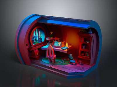 Character And Small Creatures In Colorful Miniature Studio With Table Shelves And Cozy Lighting 3d model