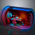 Character And Small Creatures In Colorful Miniature Studio With Table Shelves And Cozy Lighting