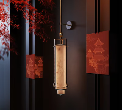 Elegant Wall Lamp With Cylindrical Lampshade On Dark Wall Featuring Red Foliage And Decorative Paintings 3d model
