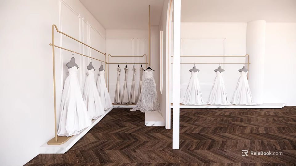 Elegant Bridal Shop Interior With White Wedding Dresses On Gold Hangers And Herringbone Wooden Floor 3d model 