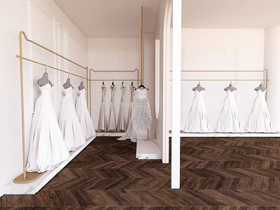 Elegant Bridal Shop Interior With White Wedding Dresses On Gold Hangers And Herringbone Wooden Floor 3d model