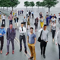 Group of People Outdoor on Wet Ground with Trees Water View Walking Talking Using Phones