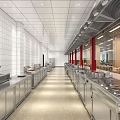 Spacious Cafeteria Interior With Wooden Pillars Tables Chairs And Green Plants