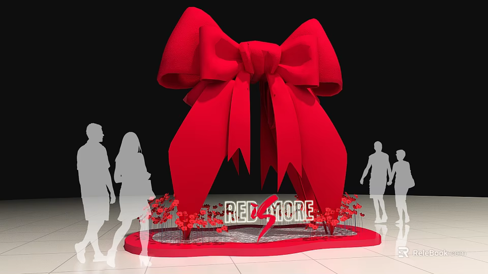 Giant Red Bow Installation With Silhouette People Red More Text Surrounded By Red Flowers 3d model 