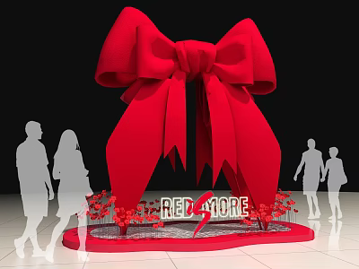 Giant Red Bow Installation With Silhouette People Red More Text Surrounded By Red Flowers 3d model