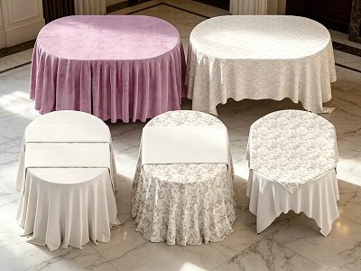Round Dining Tables With Pink White And Patterned Floor Length Tablecloths On Marble Floor 3d model