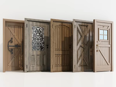 Various Stylish Wooden Doors With Carved Patterns Cross Designs And Window Panel 3d model