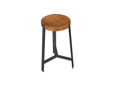 Round Wooden Seat Bar Stool With Black Metal Legs Modern Design 3d model