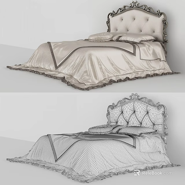 Elegant Double Bed With Carved Headboard And Soft Silk Bedspread Details 3d model