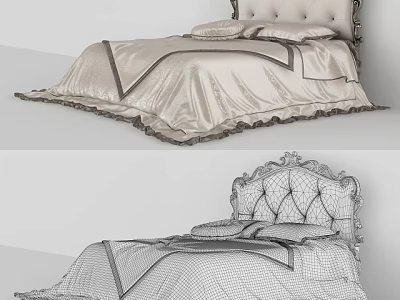 Elegant Double Bed With Carved Headboard And Soft Silk Bedspread Details 3d model