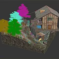Cartoon Scene With Wooden Cabin Pine Trees Stream And Rocky Terrain