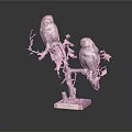 Perched Owls on Branch with Yellow Leaves and Wooden Base in Dark Background