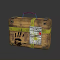 Vintage Brown Suitcase With Yellow Tape Handprint And Warning Labels