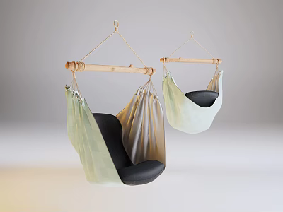Light Green And White Hanging Chairs With Wooden Rods And Black Fabric Cushions 3d model