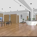Minimalist Dining Space With Long Table Chairs Wooden Flooring Bookshelves And Windows